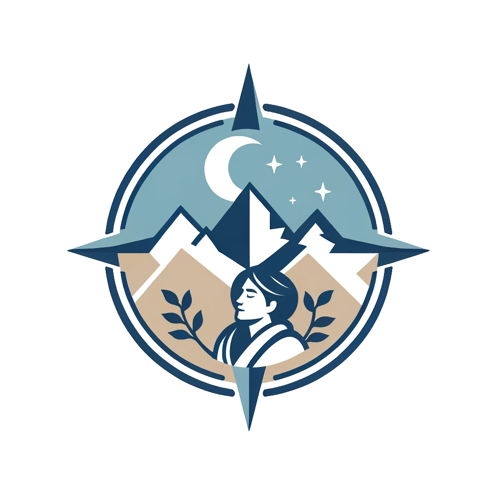 Logo for The Sleep Sherpa, featuring a compass, mountains, and a Sherpa figure, symbolizing guidance in sleep wellness