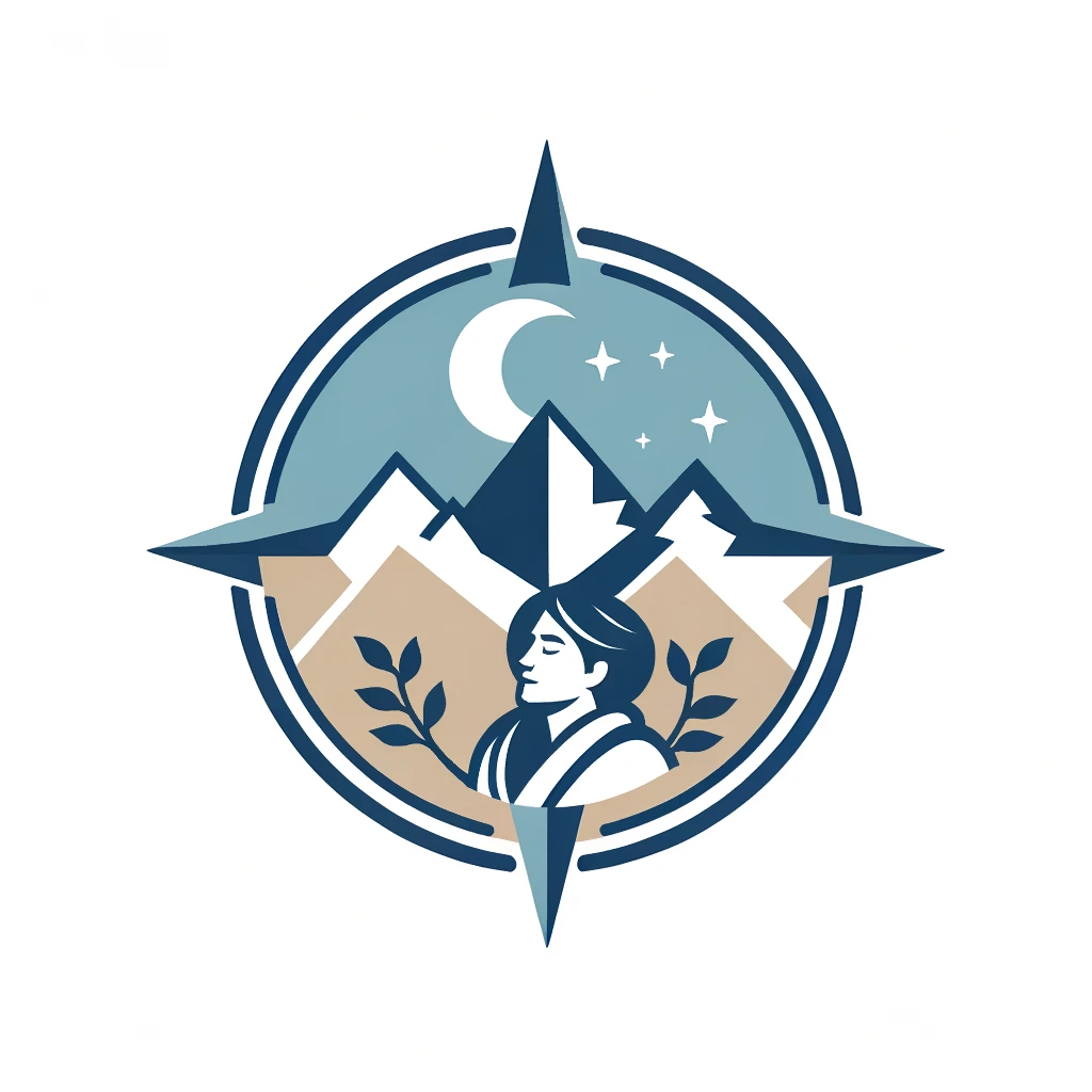 Logo for The Sleep Sherpa, featuring a compass, mountains, and a Sherpa figure, symbolizing guidance in sleep wellness