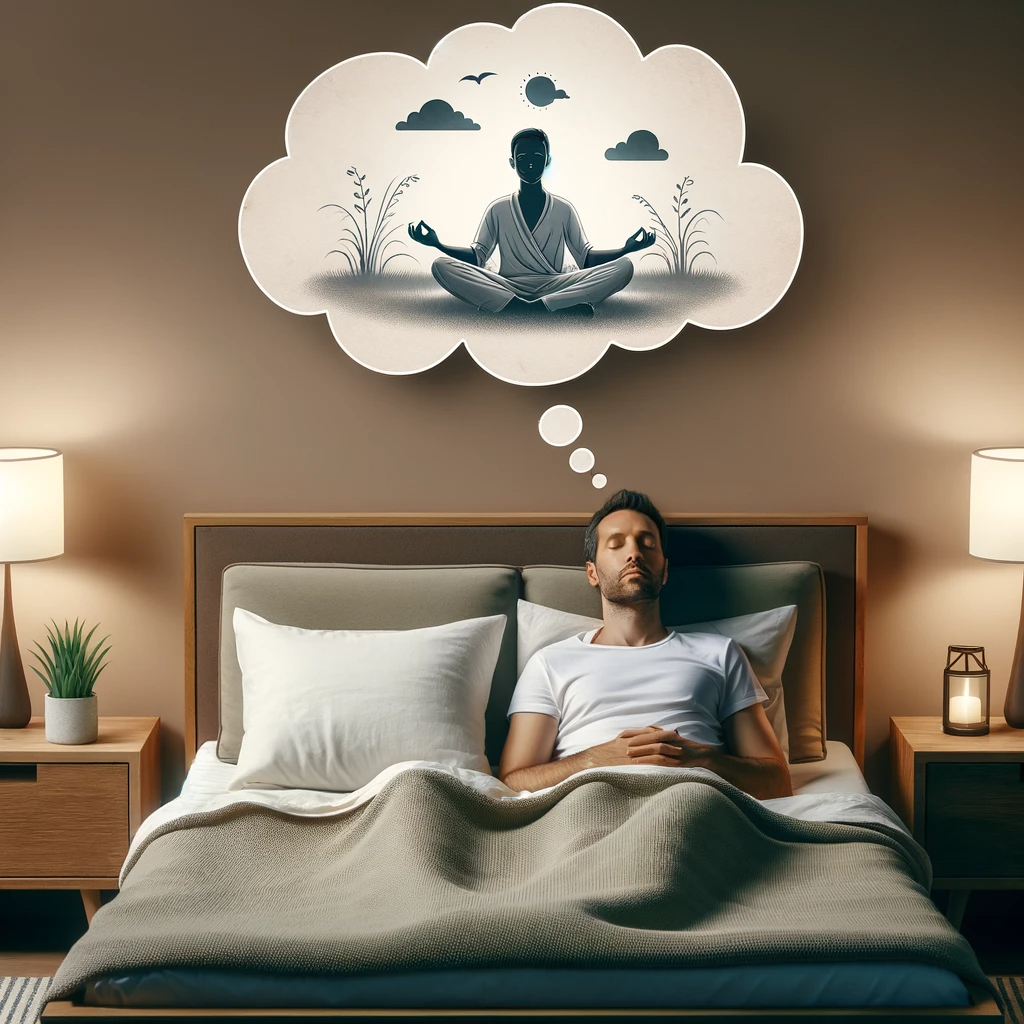 A serene and peaceful representation of acceptance and commitment therapy for insomnia, showcasing a person in a relaxed, meditative state in a calm and soothing environment